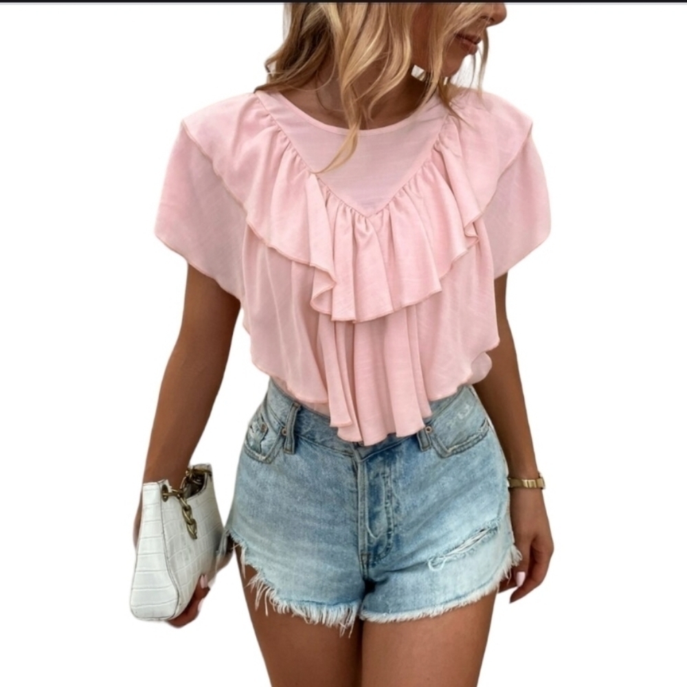 Pink Ruffle Pilgrim Top Keyhole Back